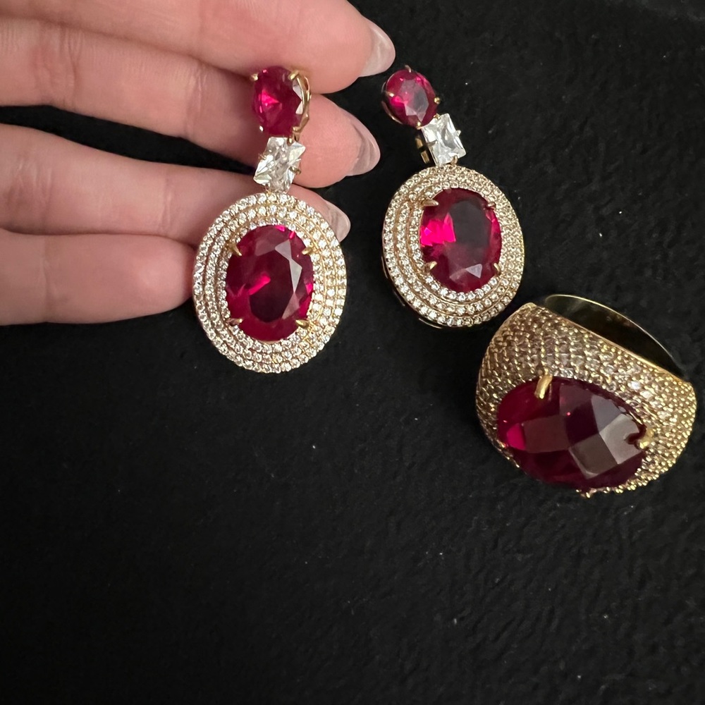 Set of earrings and ring - Zirconia and Garnet Stone. - Picture 3 of 6